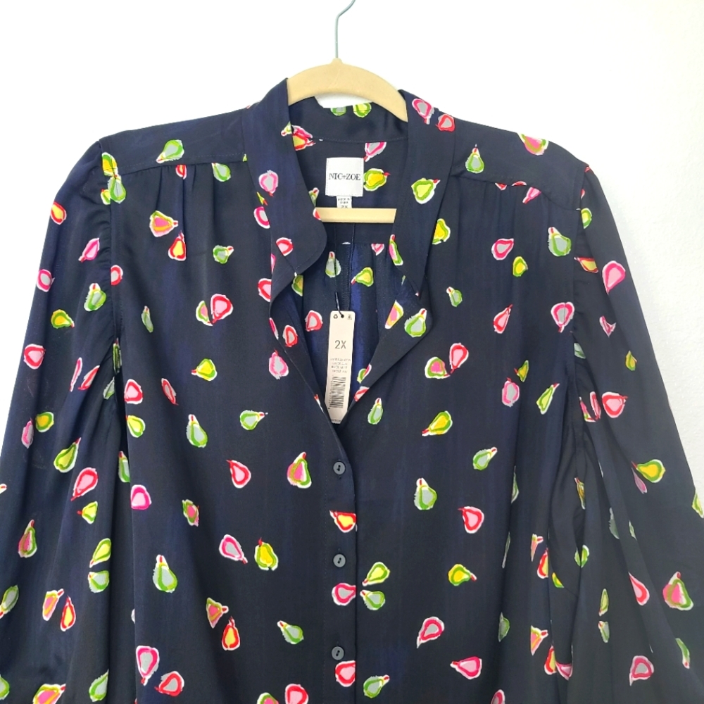NIC+ZOE Plus Size Party Pears Printed Novelty Button Down Blouse Top - Picture 3 of 9